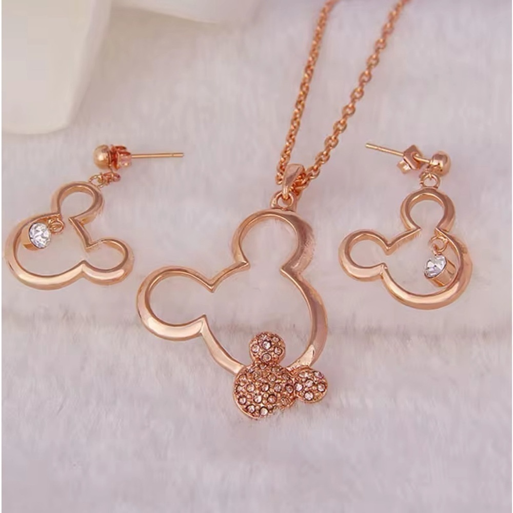 585 Rose Gold Plated Mickey Mouse Head Silhouette Necklace & Earrings Set